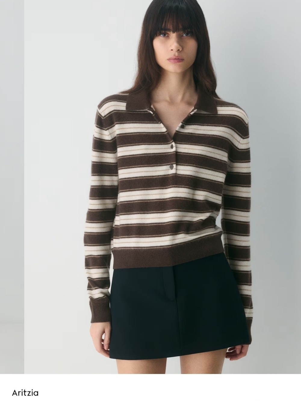 Aritzia Brown and Cream Striped V‑Neck Polo Sweater